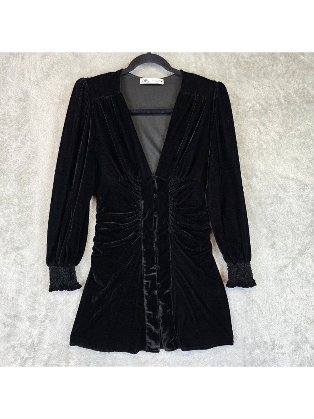Zara Dress Womens S Black Velvet V Neck Ruched Button Front Mini Bodycon Party